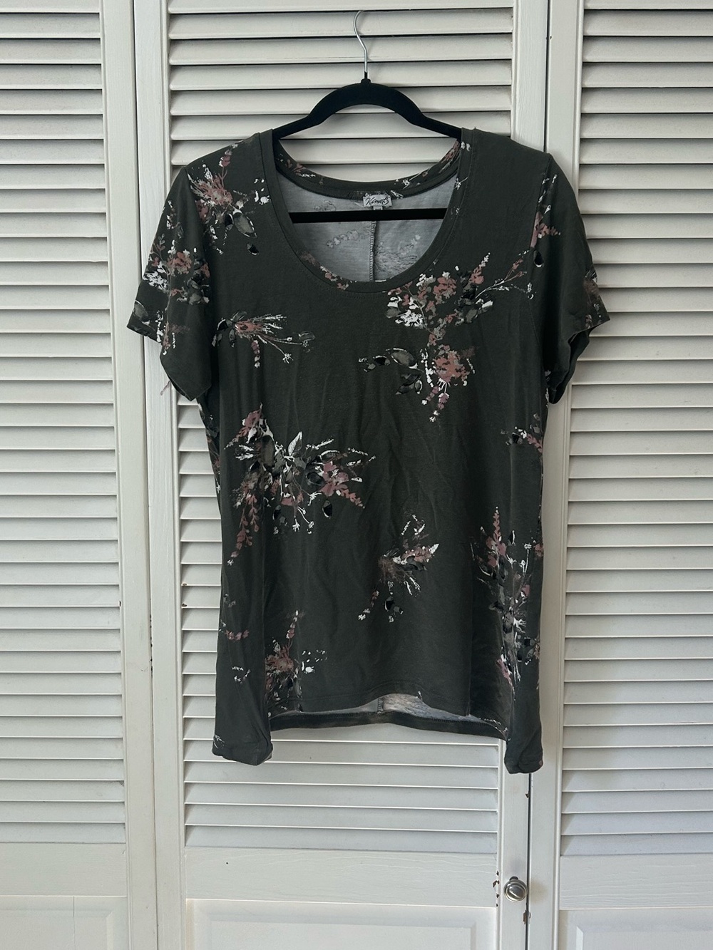 Kismet Olive Green Floral Short Sleeve Tee with Pink & White Accents